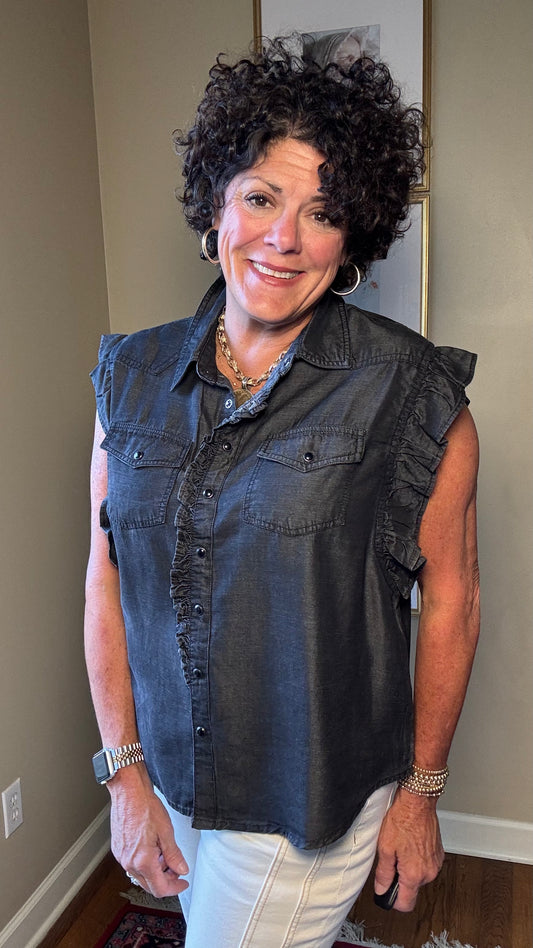 Sister Mary Sleevless Top w/ Ruffle in Charcoal