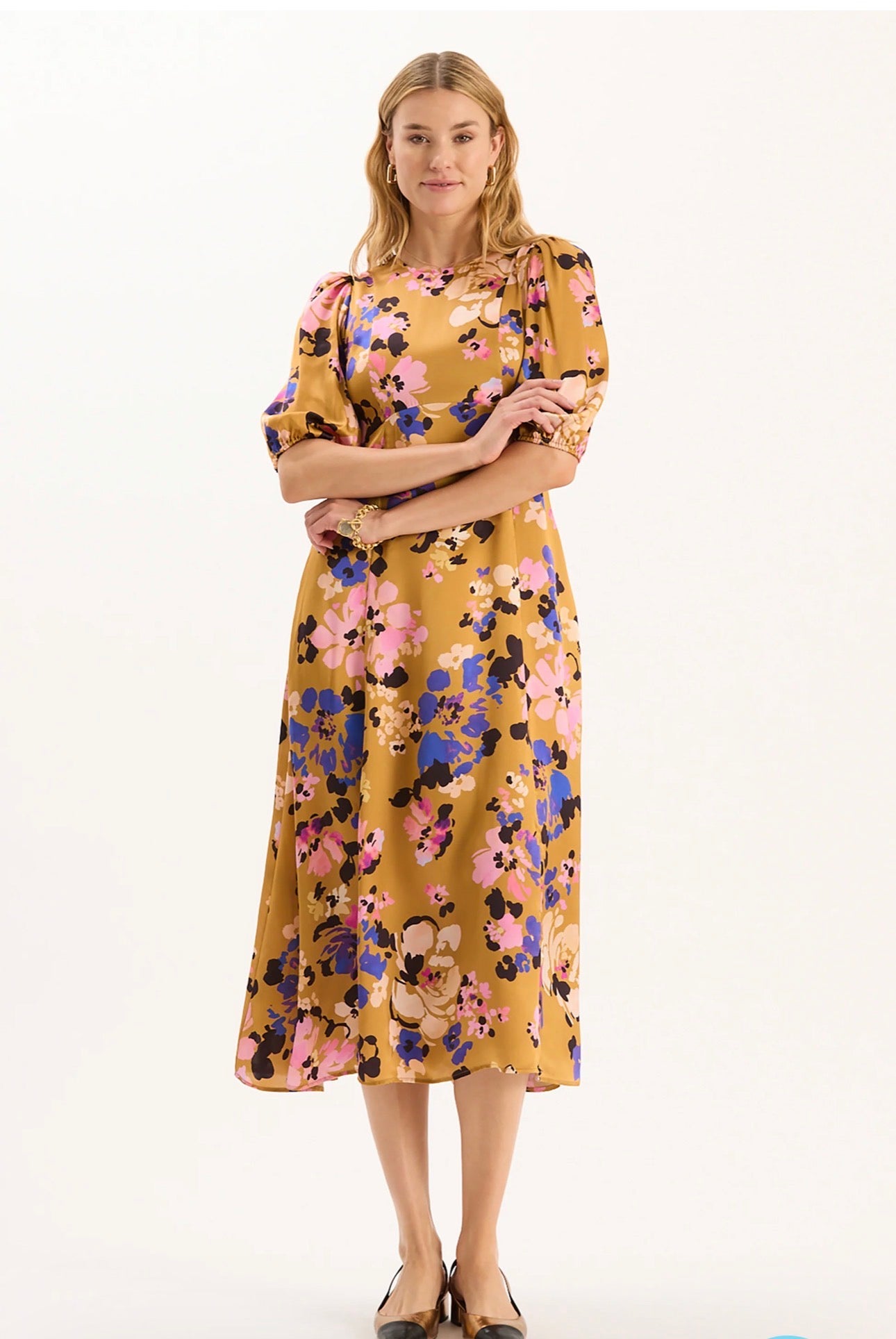 Tyler Boe Gold Floral Satin  Dress