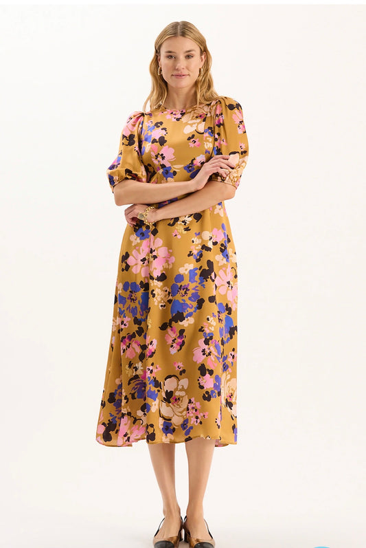 Tyler Boe Gold Floral Satin  Dress