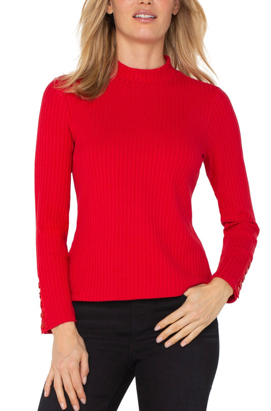 Liverpool Mock Neck Knit Top w/ button detail in Red