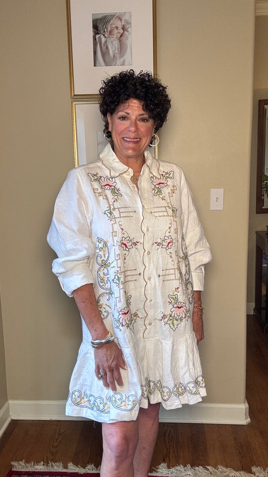 Uncle Frank White Embroidered  Linen Dress