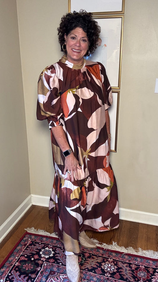 Jade-Pleated Neck Maxi Dress (Harvest Rhythm)