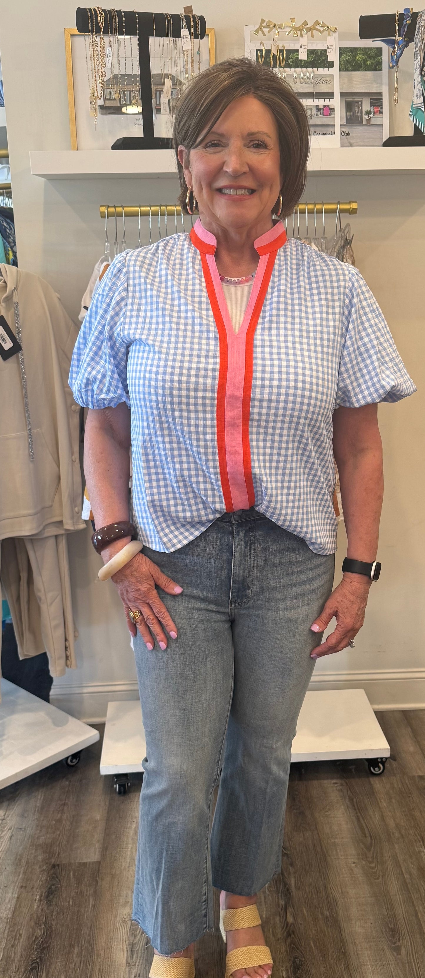 THML Puff Sleeve Gingham Patterned Top