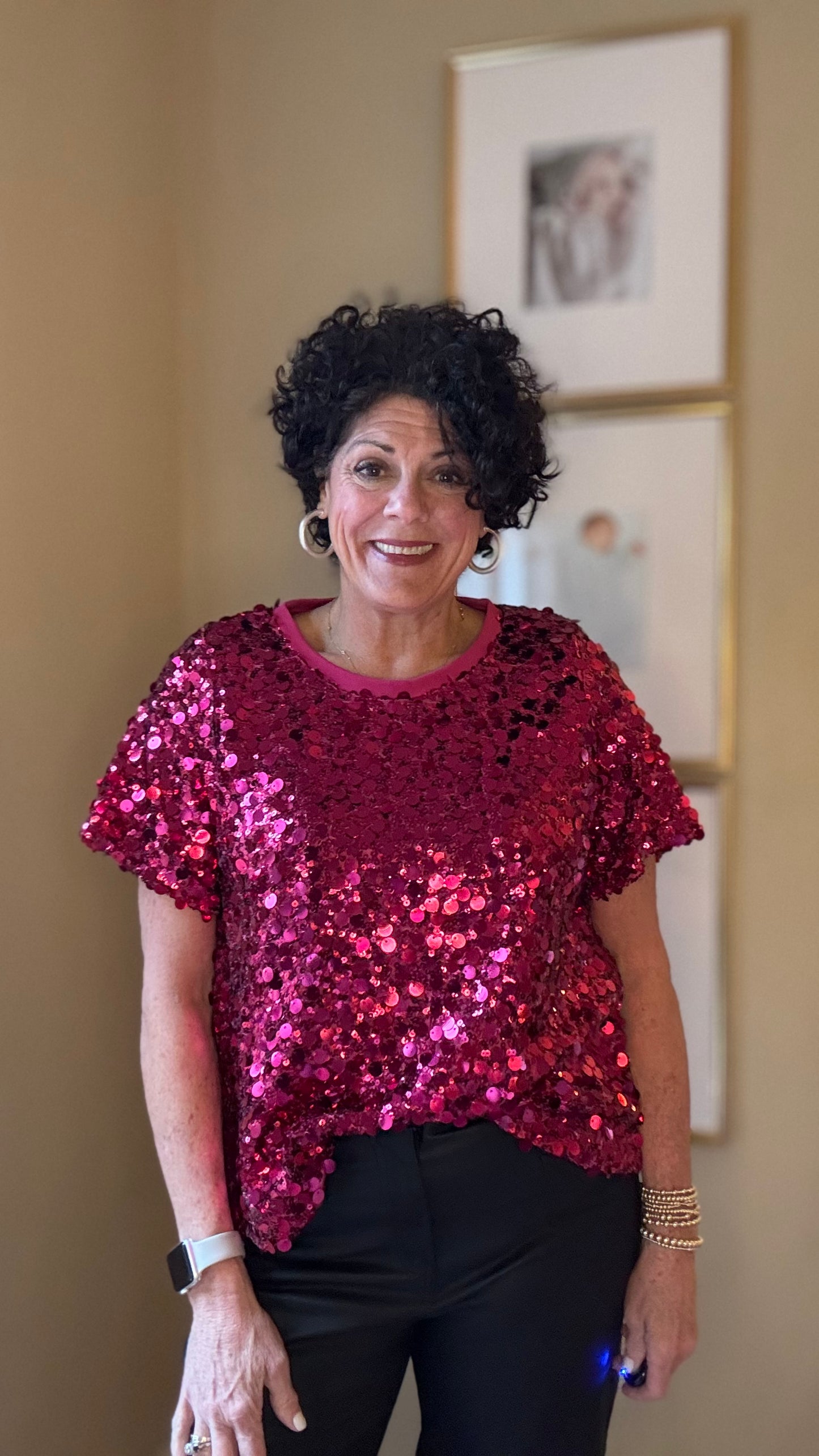 JOH Pink Sequined Short Sleeve Top