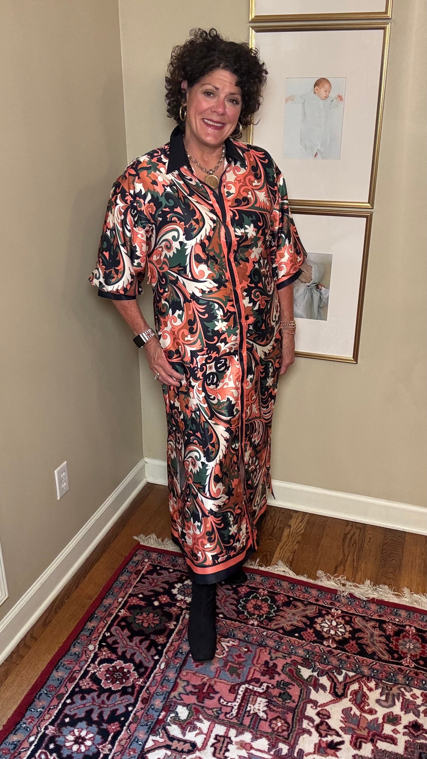 Jade Autumn Scroll Maxi Shirt Dress