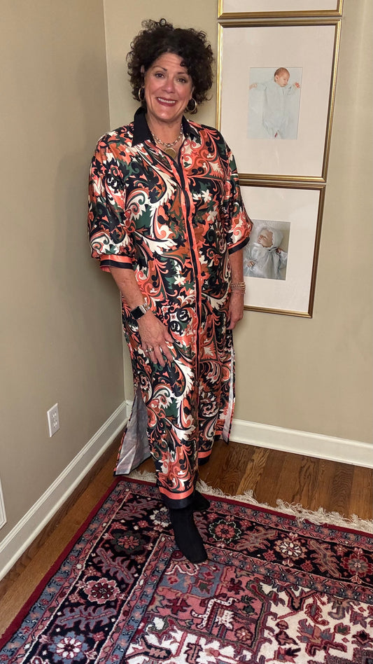 Jade Autumn Scroll Maxi Shirt Dress