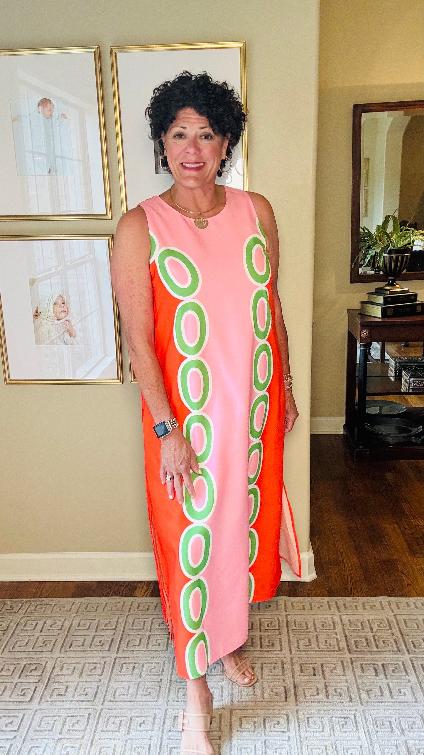 jade orange,pink and green long dress with circles
