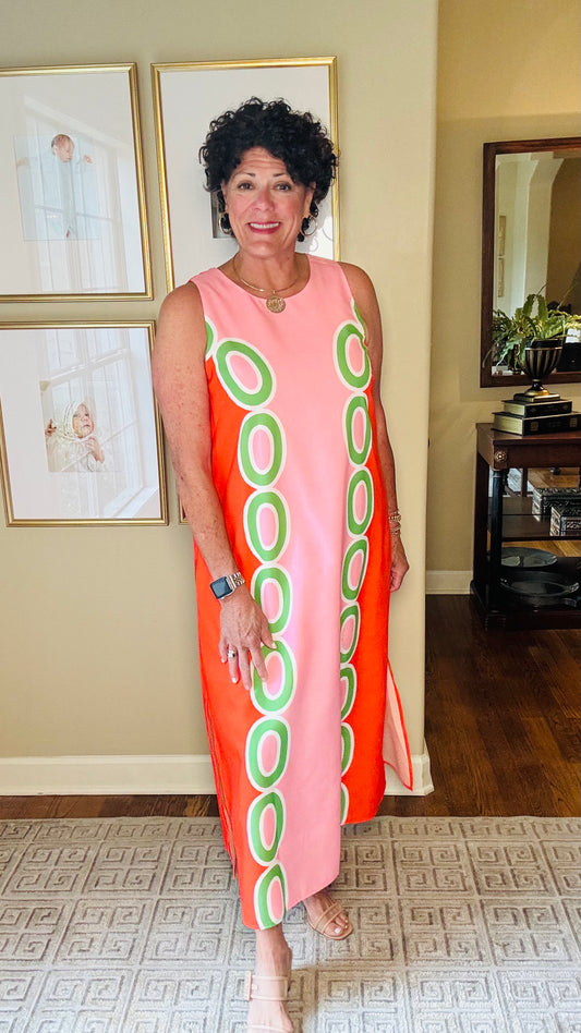 jade orange,pink and green long dress with circles