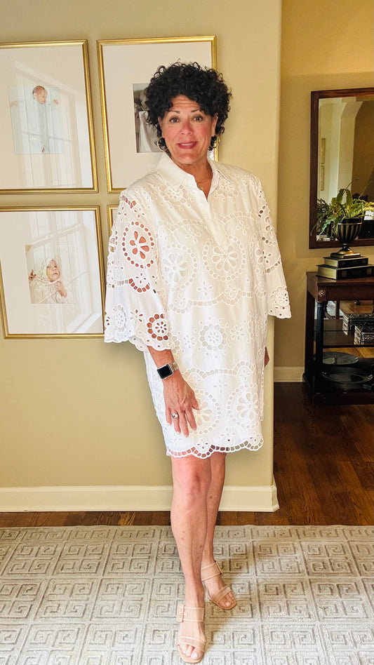 Tyler Boe White Penny Eyelet Short Tunic Dress