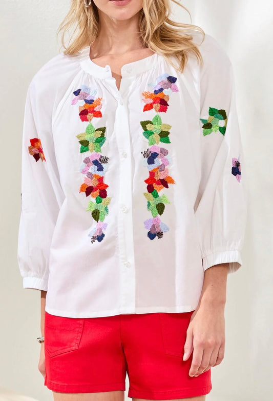 Tribal white floral button up blouse