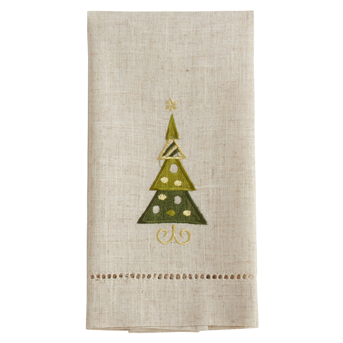 Embroidered and Hemstitched Christmas Tree Guest Towel: Natural / 14"x22"