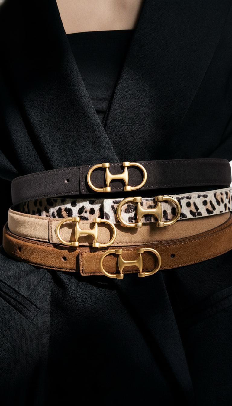 Horsebit Buckle Equestrian Stitched Suede/Napa Leather Belt: Leopard / Large (L)