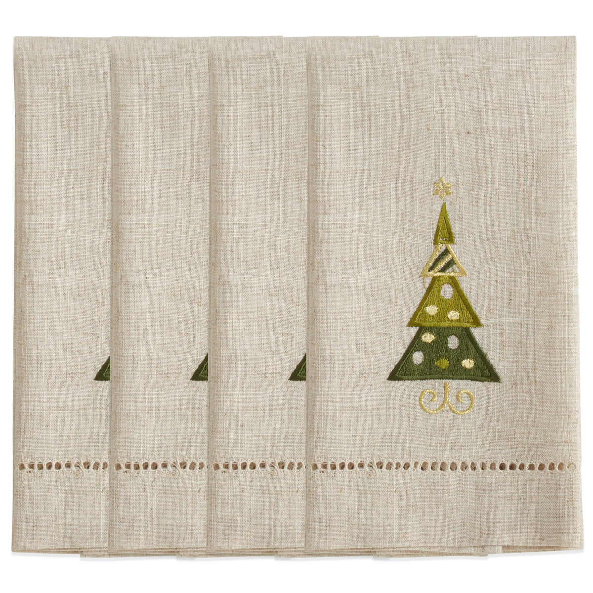 Embroidered and Hemstitched Christmas Tree Guest Towel: Natural / 14"x22"
