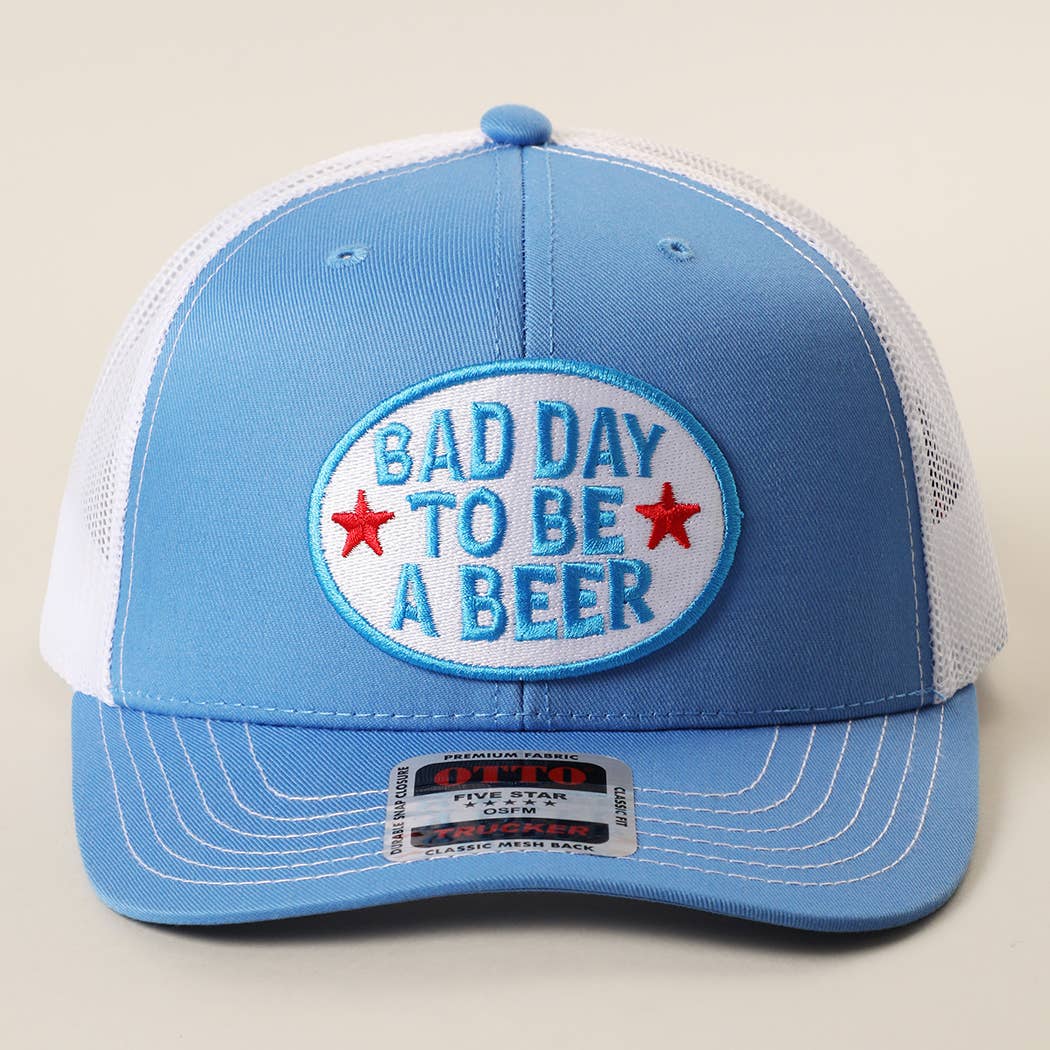 BAD DAY TO BE A BEER Embroidered Patch Trucker Hat: Red/Red/Wht / One Size