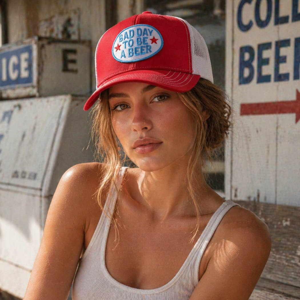 BAD DAY TO BE A BEER Embroidered Patch Trucker Hat: Ryl/Ryl/Wht / One Size