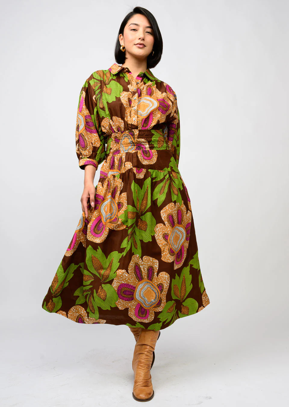 Uncle Frank- Big Blooms Brown Dress